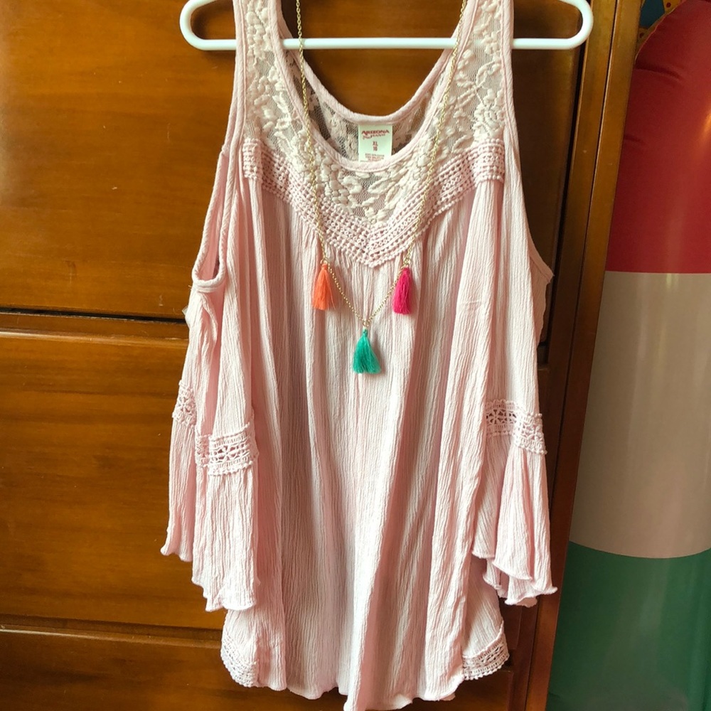 light pink, shirt w/necklace. worn once.